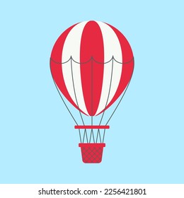 Red hot air balloon flying in sky flat vector illustration. Cute red hot air balloon, transport for tourists isolated on blue background. Transportation, tourism, journey concept