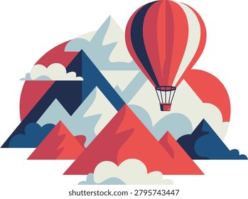 Red hot air balloon over abstract mountains and clouds travel