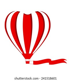 Red hot air balloon in the shape of a heart cutout with blank flag on white background