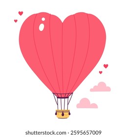 Red hot air balloon in the shape of a heart. Vector graphics.