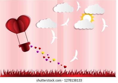 Red hot air heart balloon on pink sky and clouds as love, happy valentine's day, wedding and paper art concept. vector illustration. - Vector