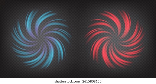 Red as hot and blue as cold circle spinning air effect. Air heater and conditioner. Round tornado in perspective distortion. Portal vortex. Fresh wind flow. Vector illustration