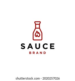 red hot bottle sauce logo in simple line style vector icon design, hot tomato ketchup with fire flame symbol