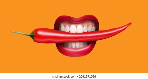 Red hot chilean pepper in human teeth. Vector graphics