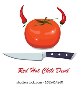 Diablo rojo Hot Chili. Tomate con pimientos rojos calientes en los lados como cuernos del diablo.