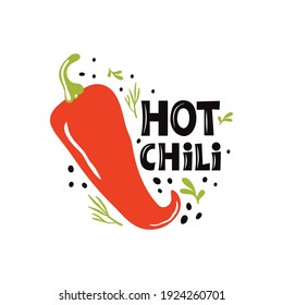 Red Hot Chili logo designs. Quote with spicy pepper and graphic elements on white background. Сoncept of organic vegetables. Healthy food diet, farm products. Trendy design for poster, banner, print