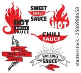 Red Hot Chili logo packaging designs concept vector. Spicy Pepper Sauce vintage product logo template. Retro package label with spicy ingredients and flames. Vector file.