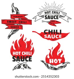 Vector de concepto de diseños de embalaje de logotipo de Red Hot Chili. Plantilla de logotipo de producto vintage de salsa de pimienta picante. Etiqueta del paquete retro con ingredientes picantes y llamas. Archivo de Vector.