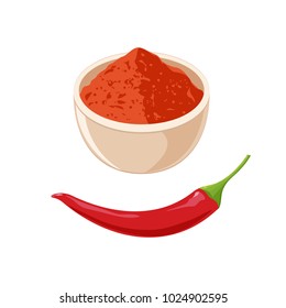 Red Hot Chili Pepper and Bowl with Powder. Vector illustration flat design