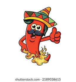 
red hot chili pepper cartoon character with fire in mexican hat.vector