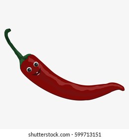 Red hot Chili pepper character. Funny doodle cartoon vegetable. Isolated on white background. Flat vector stock illustration