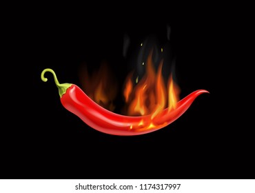 Red Hot Chili Pepper In Fire, Logo Emblem Spicy Food. Vector Illustration