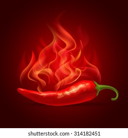 Red Hot Chili Pepper In Fire, Fresh Ingredient For Tasty Spicy Food. Vector Illustration. 