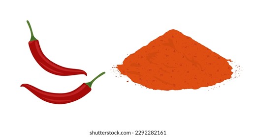 Ilustración plana de pimienta picante roja. Montón de chile condimentado. Montón de polvo de pimienta caliente roja. Diseño para comestibles, productos culinarios, condimentos y condimentos, sitio web de recetas. Vector