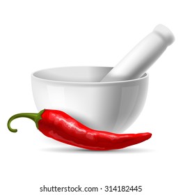 Red hot chili pepper, fresh ingredient for tasty spicy food and ceramic mortar with pestle. Vector illustration. Isolated on white background.