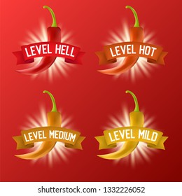 Red hot chili pepper heat scale. Vector realistic illustration. Mild, medium, hot and hell levels.