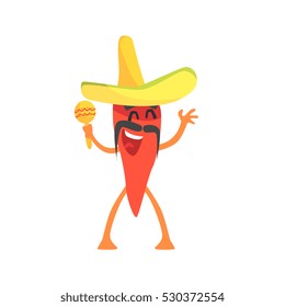 Red Hot Chili Pepper Humanized Emotional Flat Cartoon Character With Sombrero And Maracas