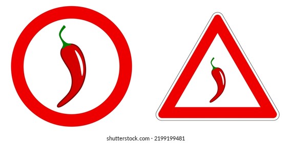 Red hot chili pepper icon in red circle and triangle - hot spicy food warning warning sign