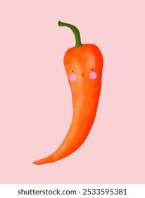 Red Hot Chili Pepper Isolated On A Pastel Pink Background. Funny Hand Drawn Kawaii Style Red Paprika. Cute Nursery Art With Happy Vegetable. Healthy Food. Happy Chili Pepper. RGB.