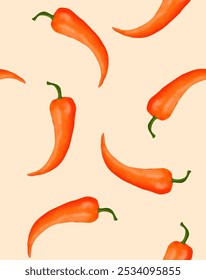 Red Hot Chili Pepper Isolated On A Light Beige Background. Trendy Red Paprika Seamless Vector Pattern. Healthy Food. Endless Design with Hand Drawn Red Chili Peppers on an Ivory Background. RGB.