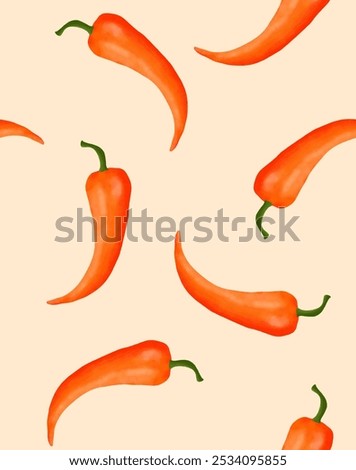 Red Hot Chili Pepper Isolated On A Light Beige Background. Trendy Red Paprika Seamless Vector Pattern. Healthy Food. Endless Design with Hand Drawn Red Chili Peppers on an Ivory Background. RGB.