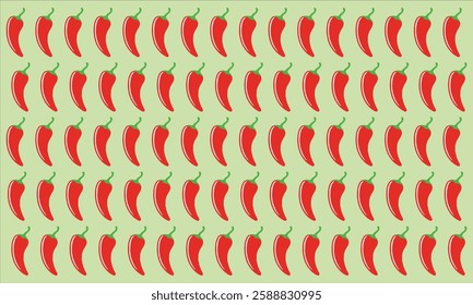 Red hot chili pepper on light green background. Chili doodle pattern. Red hot chili pepper wallpaper. Red hot chili pepper seamless pattern 