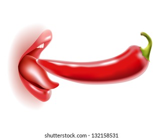 rote scharfe Chilischoten im offenen Mund und auf der Zunge
