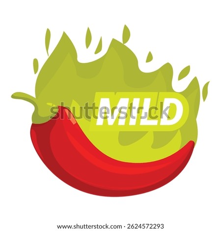 Red hot chili pepper over a green splash with a sign saying mild, ideal for representing mild hot sauce products