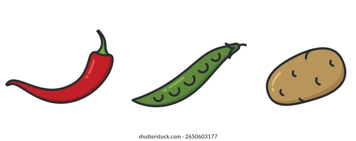 Red hot chili pepper, peas and potato. Vegetable and harvest symbols. Natural organic foods. Isolated vector images
