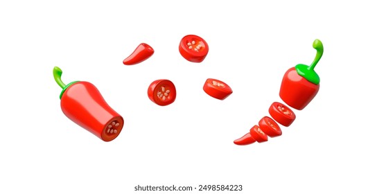 Red hot chili pepper pod chopped 3D plastic style vector illustration. Glossy ripe spicy vegetable slices icons set. Farm organic condiment ingredient. Natural cayenne pepper plant food