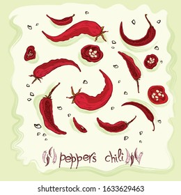 Red Hot Chili Pepper. Pods, pieces, seeds. In the style of hand-drawn. Set of vegetables. Banner for indian, mexican, oriental spicy food, spice shops. Separate illustrations. Vector graphics.