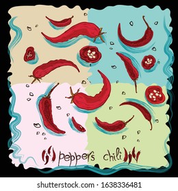 Red Hot Chili Pepper. Pods, pieces, seeds. In the style of hand-drawn. Set of vegetables. Banner for indian, mexican, oriental spicy food, spice shops. Separate illustrations. Vector graphics.