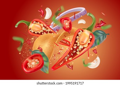 Red hot chili pepper with Potato chip splashing elements ads isolated on solid color background, Vector realistic in 3D illustration.