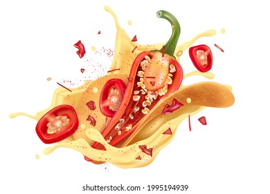 Red hot chili pepper with Potato chip and cheese splashing elements ads isolated on white background, Vector realistic in 3D illustration.