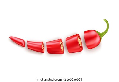 Red hot chili pepper slice with seeds, realistic vector for packaging, snacks, design.