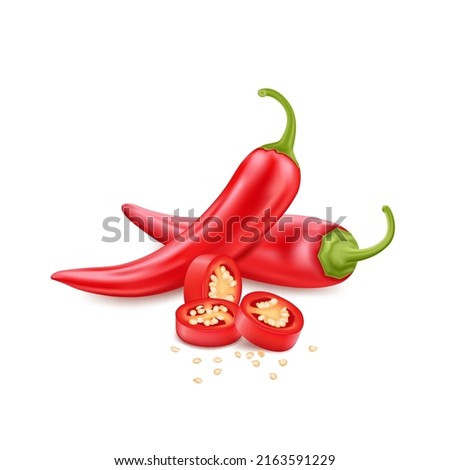 Red hot chili pepper slice with seeds, realistic vector for packaging, snacks, design.