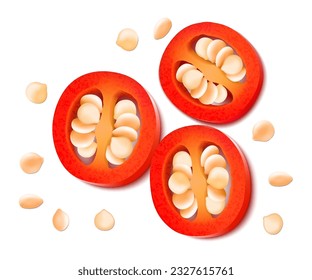 Red hot chili pepper slices isolated on white background. Pieces with seeds, circles, chopped pepper with seeds. Realistic 3d vector illustration