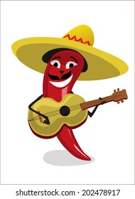 red hot chili pepper in sombrero playing guitar
