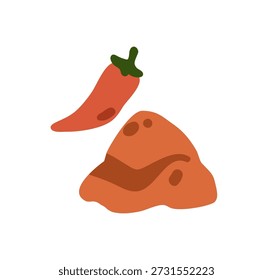 Pimienta roja picante y especias vegetales en polvo. Condimento picante, chile. Pila molida seca, condimento seco, sabor, ingrediente natural. Ilustración vectorial plana aislada sobre fondo blanco