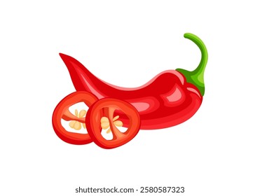 Red hot chili pepper whole and slices isolated on white. Vector cartoon flat illustration. 