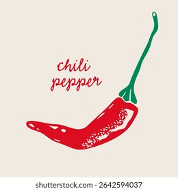Red hot chili Pepper. Whole thin pepper. Side view. Tiny hot spice. Hand drawn modern Vector illustration. Farm market, natural eco product concept. Isolated design element. Print, sticker template