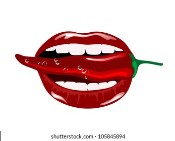 Red hot chili pepper in woman mouth