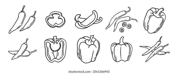 red hot chili peppers and bell peppers doodle hand drawn icon set. Outline drawing red hot chili peppers and bell peppers line clipart symbol collection. Vector illustration