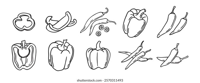 red hot chili peppers and bell peppers doodle hand drawn icon set. Outline drawing red hot chili peppers and bell peppers line clipart symbol collection. Vector illustration