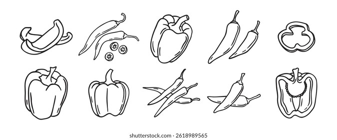 red hot chili peppers and bell peppers doodle hand drawn icon set. Outline drawing red hot chili peppers and bell peppers line clipart symbol collection. Vector illustration