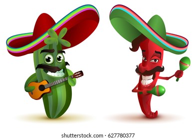 Red hot chili peppers and cactus in Mexican hat sombrero dancing maracas. Isolated on white vector illustration