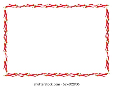 Red hot chili peppers frame isolated on white. Abstract Mexican red pepper background for your Cinco de Mayo greeting card design. Vector illustration.