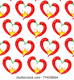 Red hot chili peppers in a heart shape with fire. Vector seamless pattern