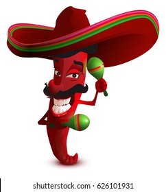 Red hot chili peppers in Mexican hat sombrero dancing maracas. Isolated on white vector illustration