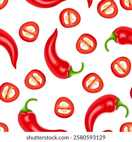 Red hot chili peppers seamless pattern. Vector cartoon flat illustration. Food background.